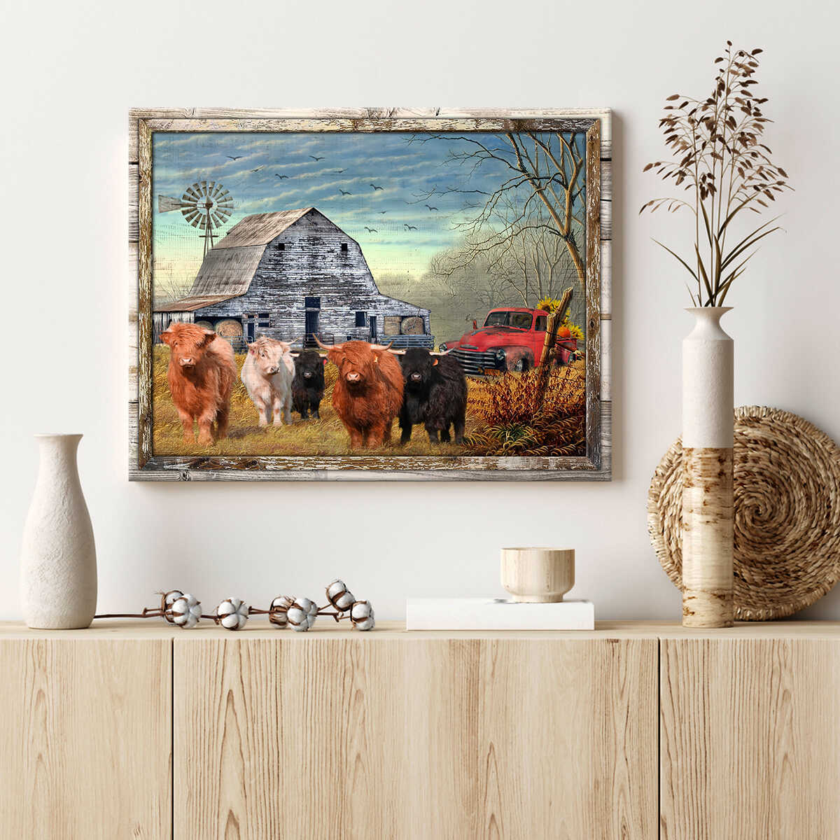 Canvas Poster Prints Beautiful Farmhouse Highland Cattle and Sunflower Pick up Truck Wall Art Decor