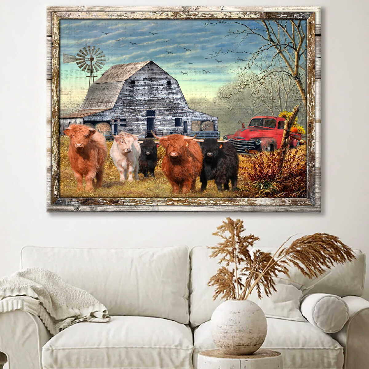 Canvas Poster Prints Beautiful Farmhouse Highland Cattle and Sunflower Pick up Truck Wall Art Decor