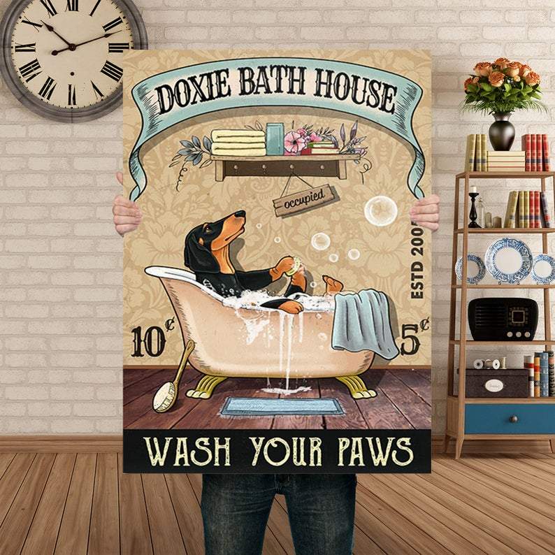 Personalized Photo And Text Canvas Prints Gift for Dog Lovers Dachshund Bath House Birthday Presents Vintage Home Wall Decor Canvas - Mostsuit