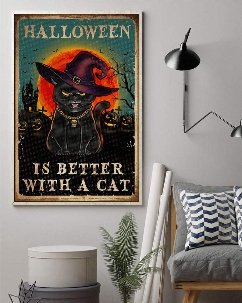 Canvas Gift for Loves Cat Prints Halloween Is Better With A Cat Gifts Vintage Home Wall Decor Canvas - Mostsuit