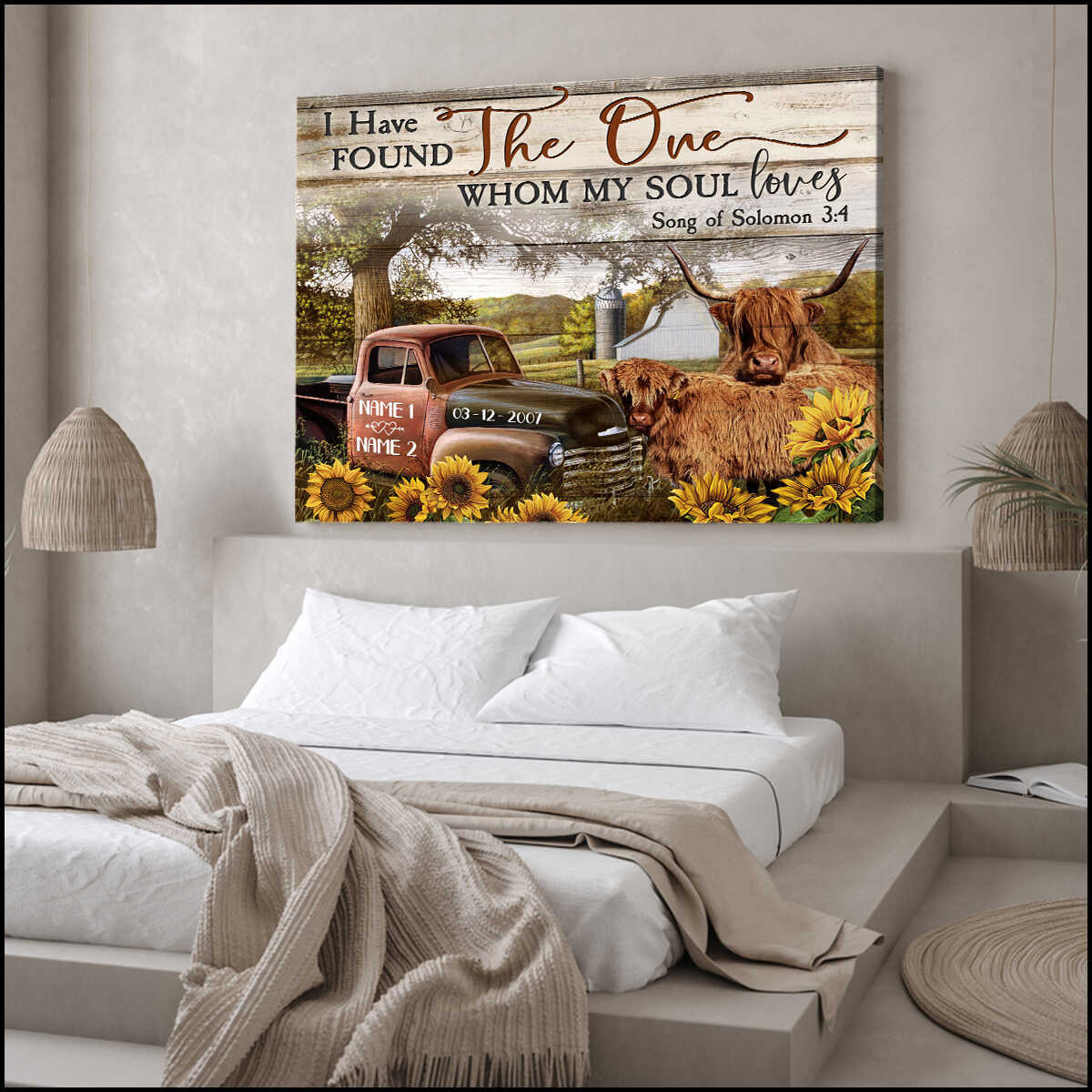Custom Canvas Poster Prints Personalized Gifts Wedding Anniversary Gifts I have found the one my soul loves Couple Highland cattle and Farm Truck and Sunflowers Wall Art Decor Mostsuit