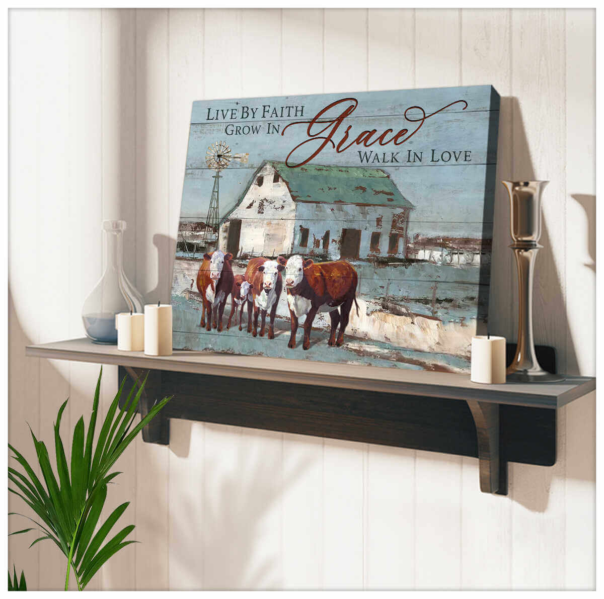 Mostsuit Farm Farmhouse Hereford Cows Canvas Poster Live By Faith Wall Art Decor