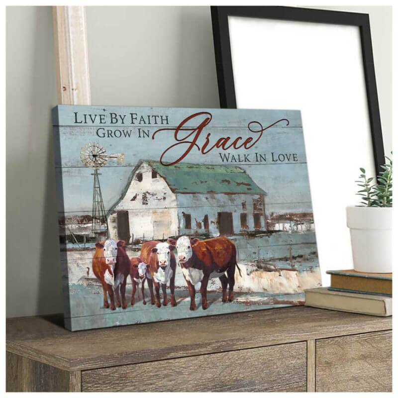 Mostsuit Farm Farmhouse Hereford Cows Canvas Poster Live By Faith Wall Art Decor