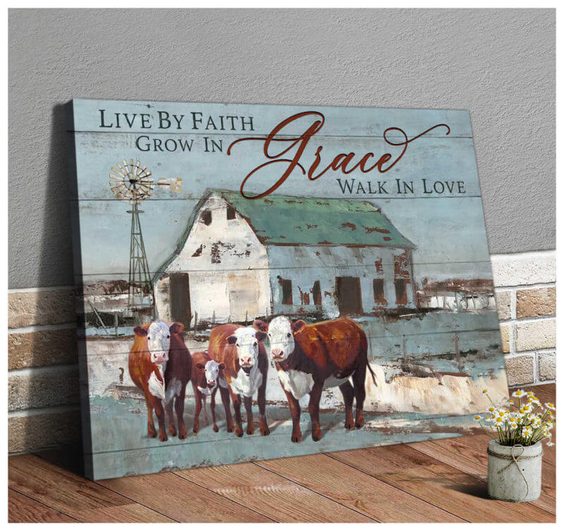 Mostsuit Farm Farmhouse Hereford Cows Canvas Poster Live By Faith Wall Art Decor