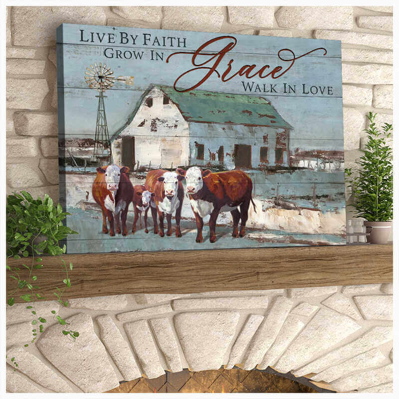 Mostsuit Farm Farmhouse Hereford Cows Canvas Poster Live By Faith Wall Art Decor