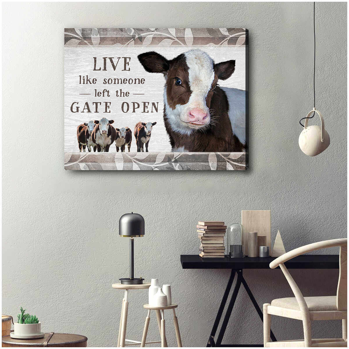 Mostsuit Beautiful Farmhouse Hereford Cow Canvas Poster Live Like Someone Left The Gate Open Wall Art Decor