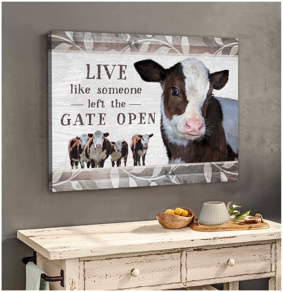 Mostsuit Beautiful Farmhouse Hereford Cow Canvas Poster Live Like Someone Left The Gate Open Wall Art Decor