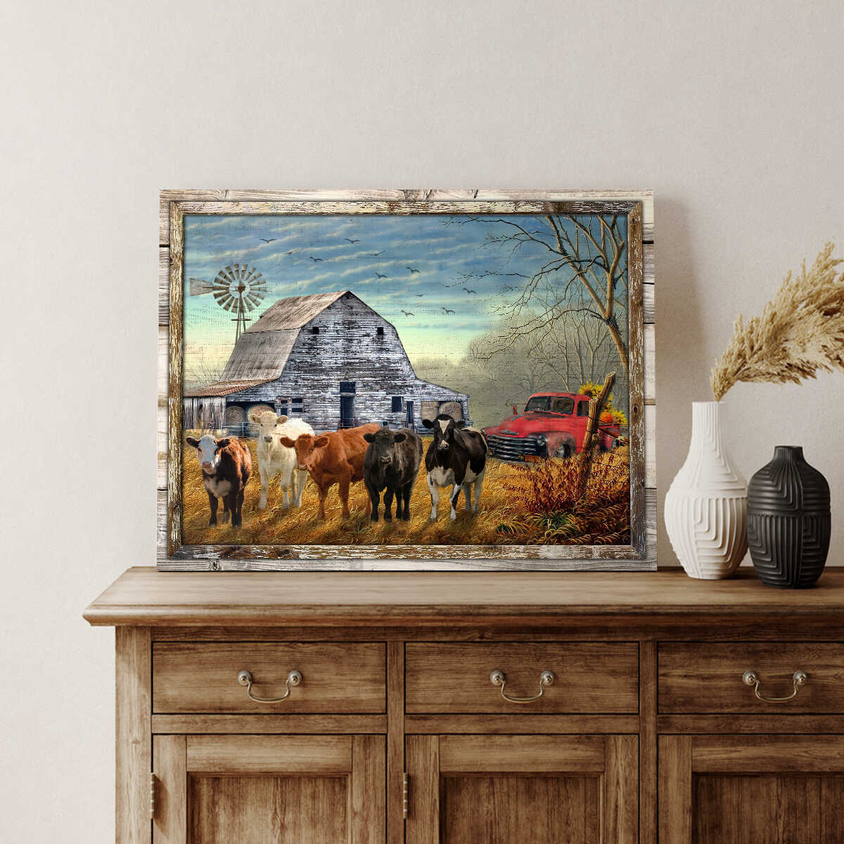 Canvas Prints Beautiful Farmhouse Cows and Sunflower Pick up Truck Wall Art Decor