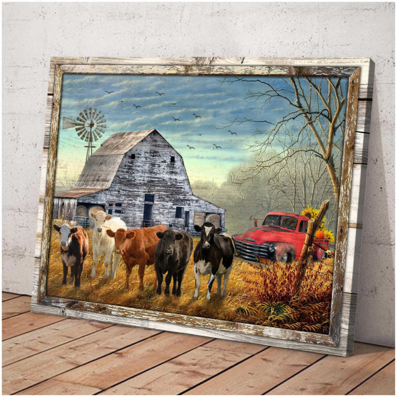 Canvas Poster Prints Beautiful Farmhouse Cows and Sunflower Pick up Truck Wall Art Decor