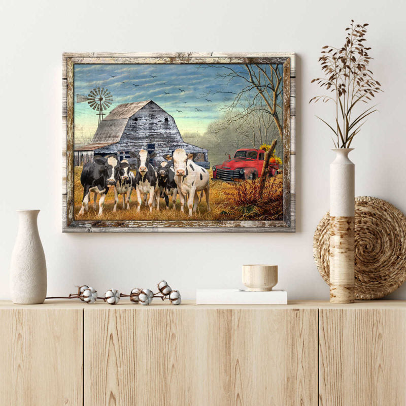 Canvas Poster Prints Beautiful Farmhouse Holstein Cattle and Sunflower Pick up Truck Wall Art Decor