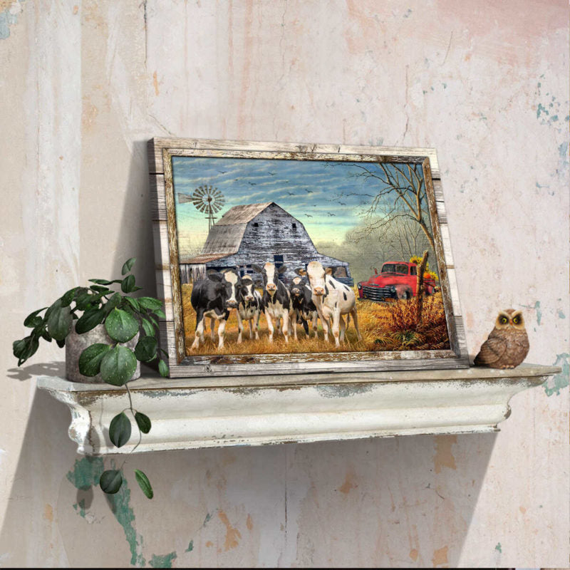 Canvas Poster Prints Beautiful Farmhouse Holstein Cattle and Sunflower Pick up Truck Wall Art Decor