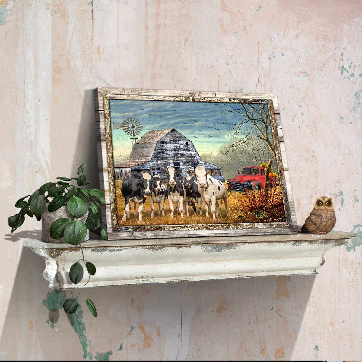 Canvas Poster Prints Beautiful Farmhouse Holstein Cattle and Sunflower Pick up Truck Wall Art Decor