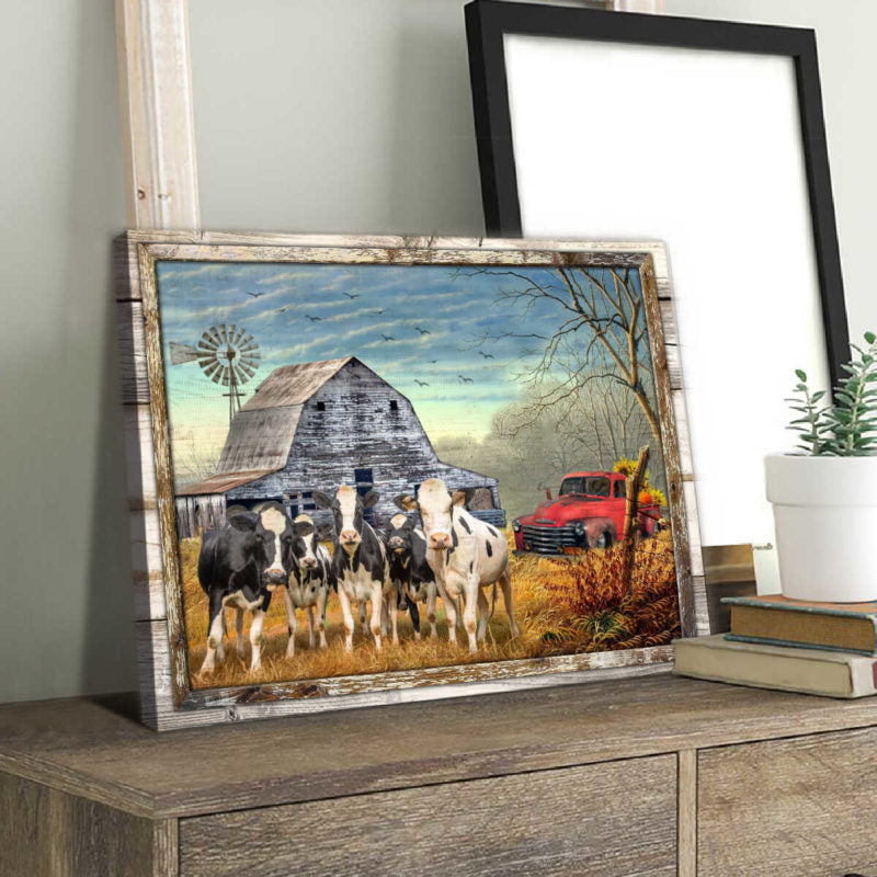 Canvas Poster Prints Beautiful Farmhouse Holstein Cattle and Sunflower Pick up Truck Wall Art Decor