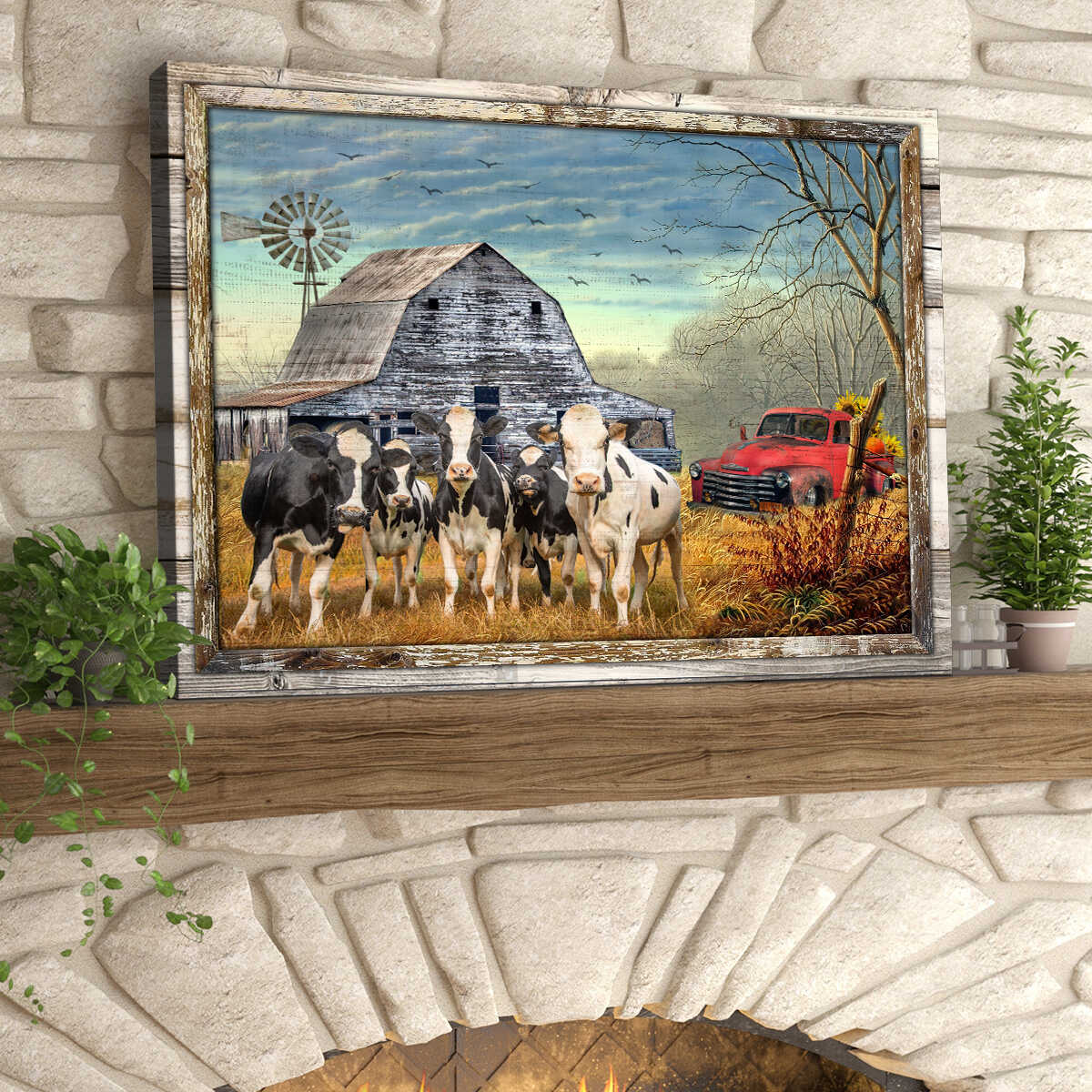 Canvas Prints Beautiful Farmhouse Holstein Cattle and Sunflower Pick up Truck Wall Art Decor