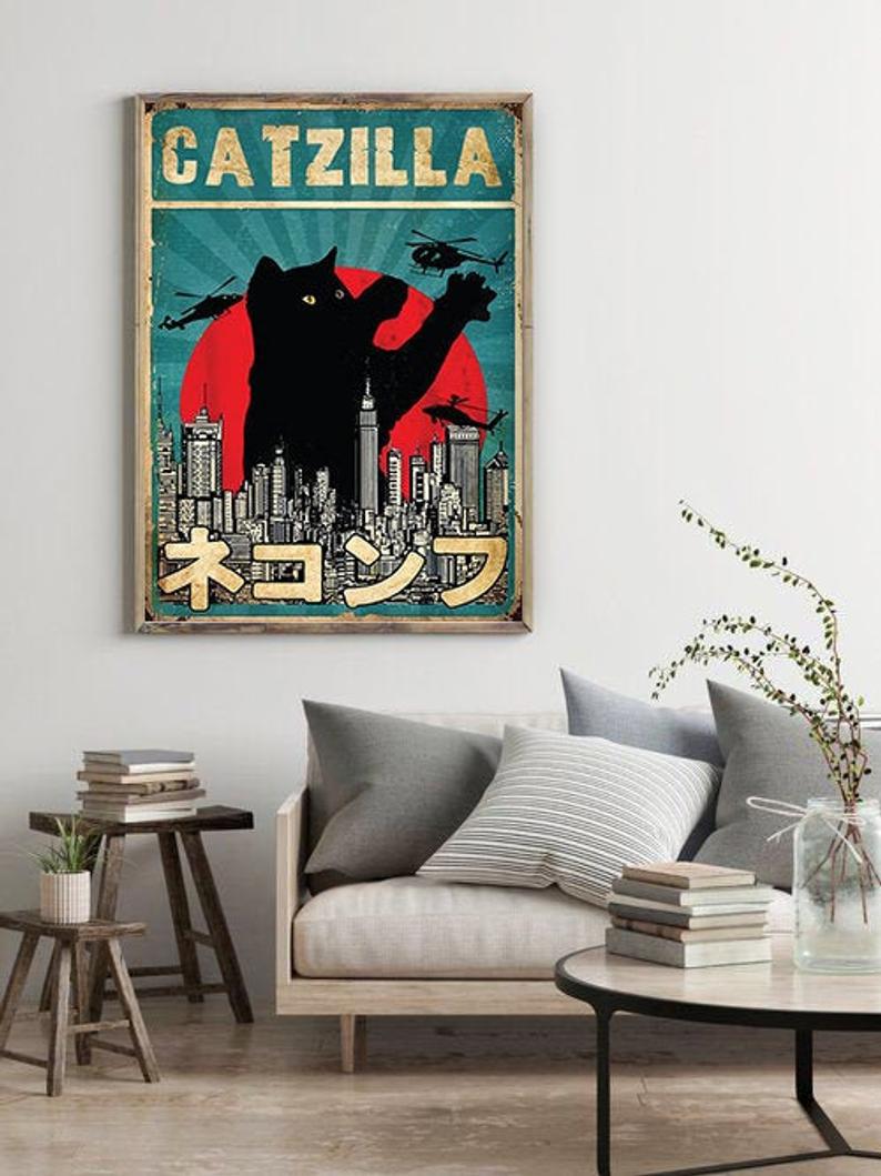 Black Cat Poster-Catzilla, Japanese Cat Poster, Cat Lover Gift, Japanese Art, Japan Poster, Vintage Cat Poster, best Gift Ever