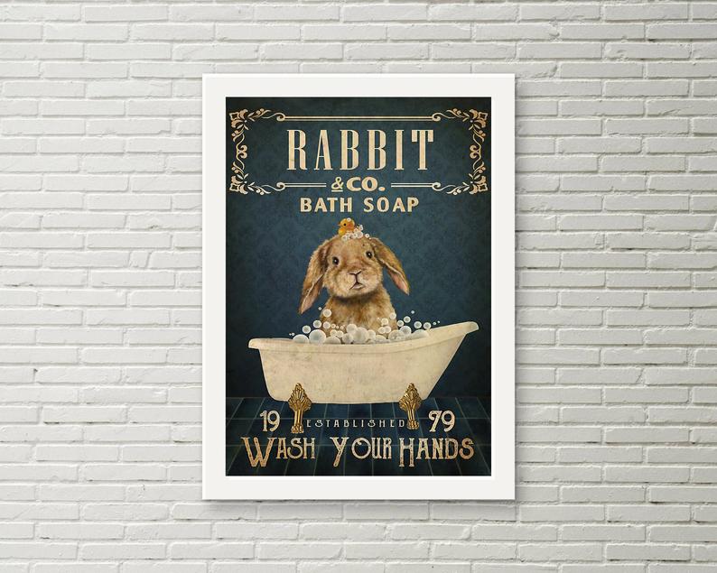 Rabbit & Co Bath Soap-Wash Your Hands Poster, Rabbits Poster Print, Funny Rabbit Poster, Bunny Rabbit Decor,Bath Room Decor, Nursery Décor