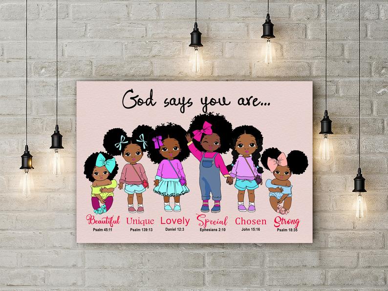 Little Black Girls Canvas Poster, God Says You Are Unique Beautiful Poster, African American Girl, Black Girls Poster, Black Girl Home Decor