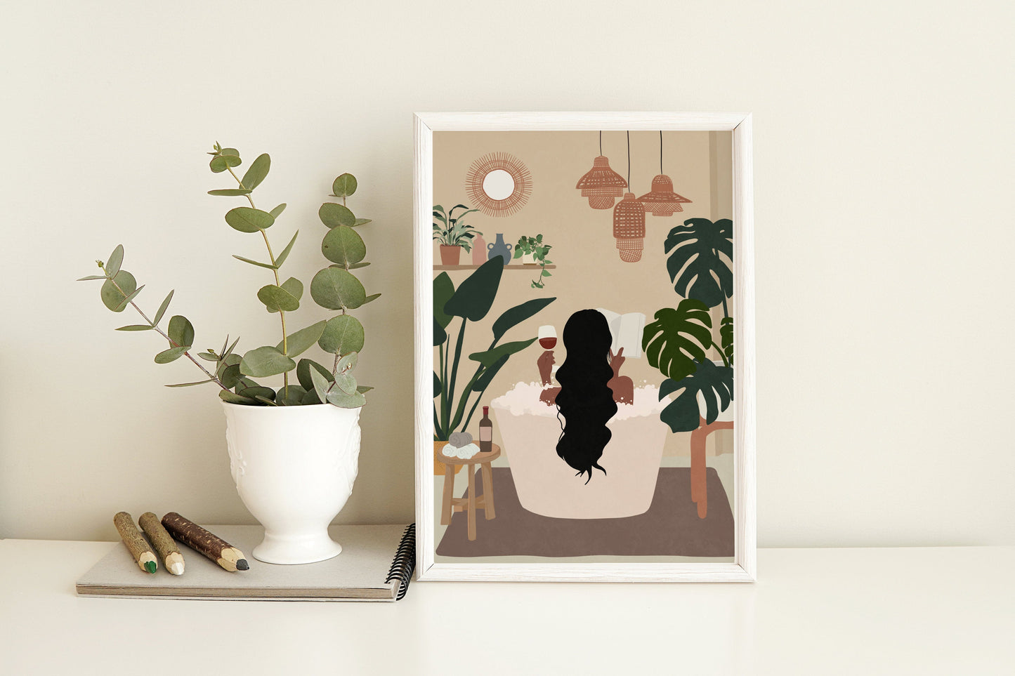 Woman read book in bath tub art Black woman art Female portrait African woman art Female in bath tub Black girl print Printable art Boho art