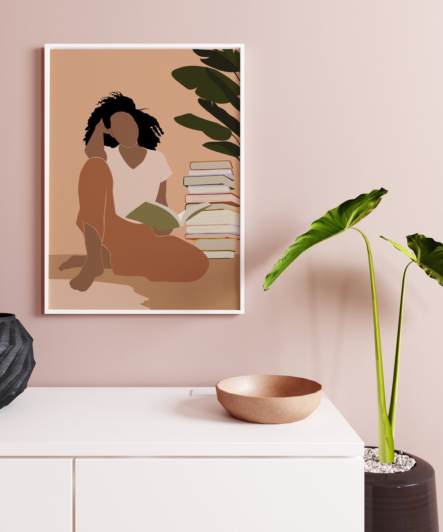 Black Woman Wall Art, INSTANT DOWNLOAD, Boho Wall Art Print, Printable Wall Art, Digital Art, African American Art, Girl Reading Book Art.