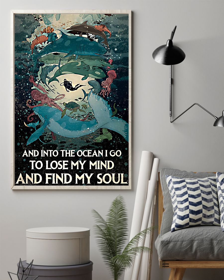 Scuba Diving And Shark Poster Into The Ocean Lose My Mind Find My Soul Vintage Room Home Decor Wall Art Gifts Idea - Mostsuit