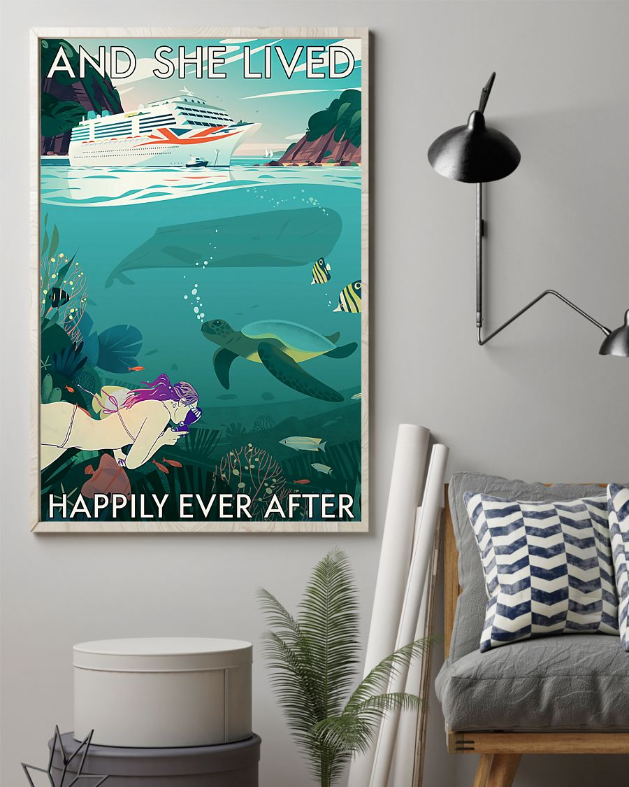 Diving Girl Cruising Turtle Loves Poster And She Lived Happily Ever After Vintage Room Home Decor Wall Art Gifts Idea - Mostsuit
