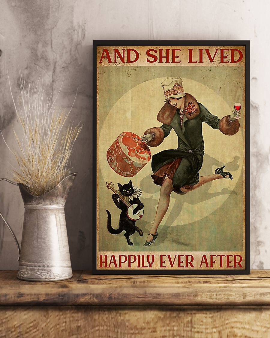 Cat And Wine Poster And She Lived Happily Ever After Vintage Room Home Decor Wall Art Gifts Idea - Mostsuit
