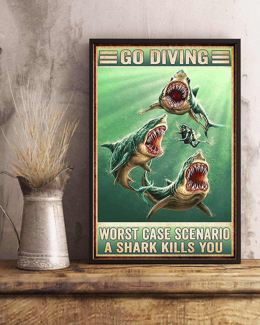 Scuba Diver Poster Go Diving Worst Case Scenario A Shark Kills You Vintage Room Home Decor Wall Art Gifts Idea - Mostsuit
