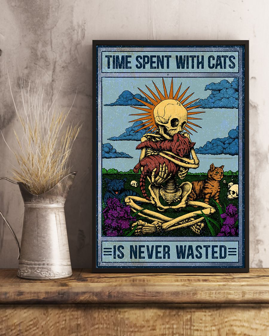 Skeleton Hug Cat Poster Time Spent With Cats Is Never Wasted Vintage Room Home Decor Wall Art Gifts Idea - Mostsuit