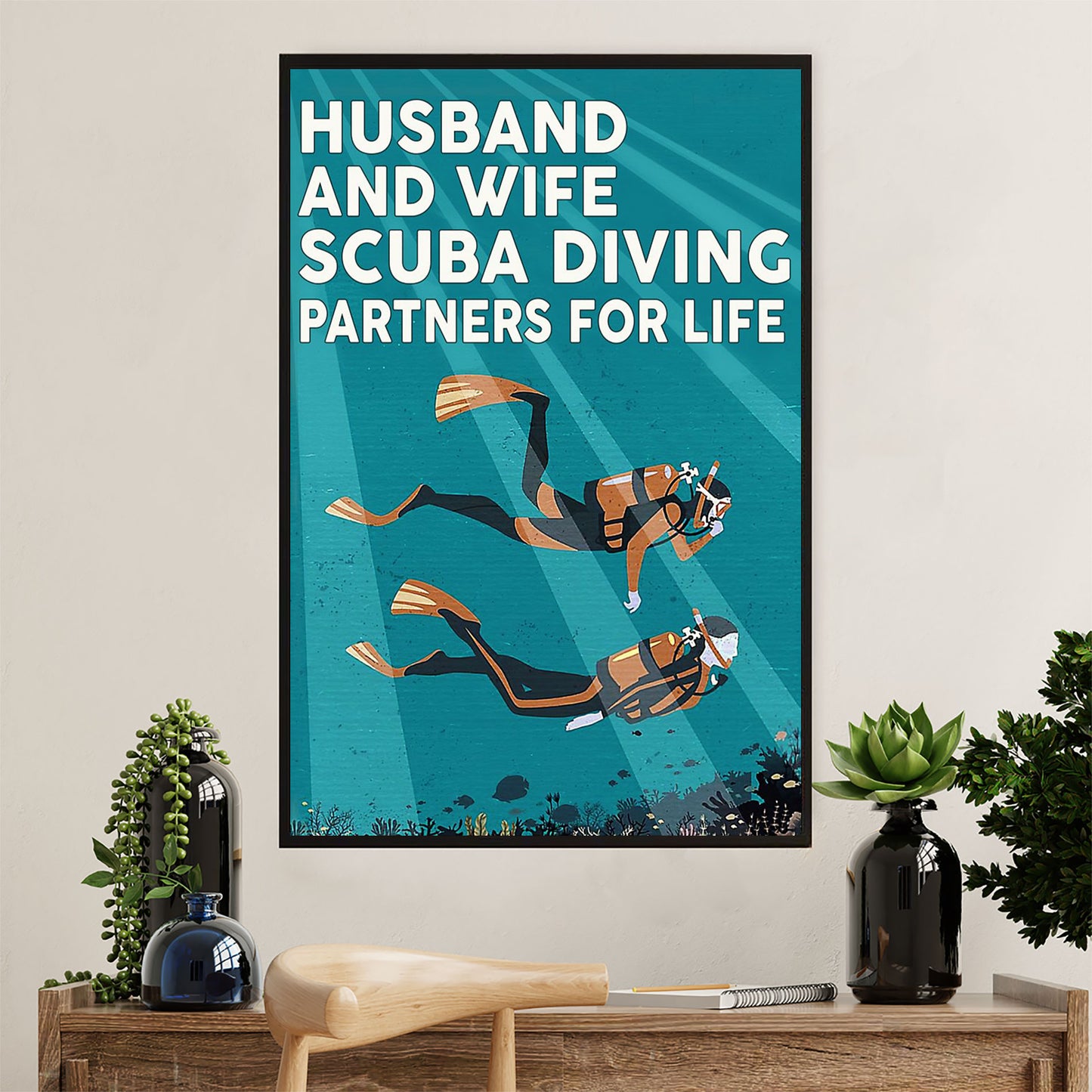 Scuba Diving Poster Prints | Husband & Wife - Diving Partners | Wall Art Gift for Scuba Diver