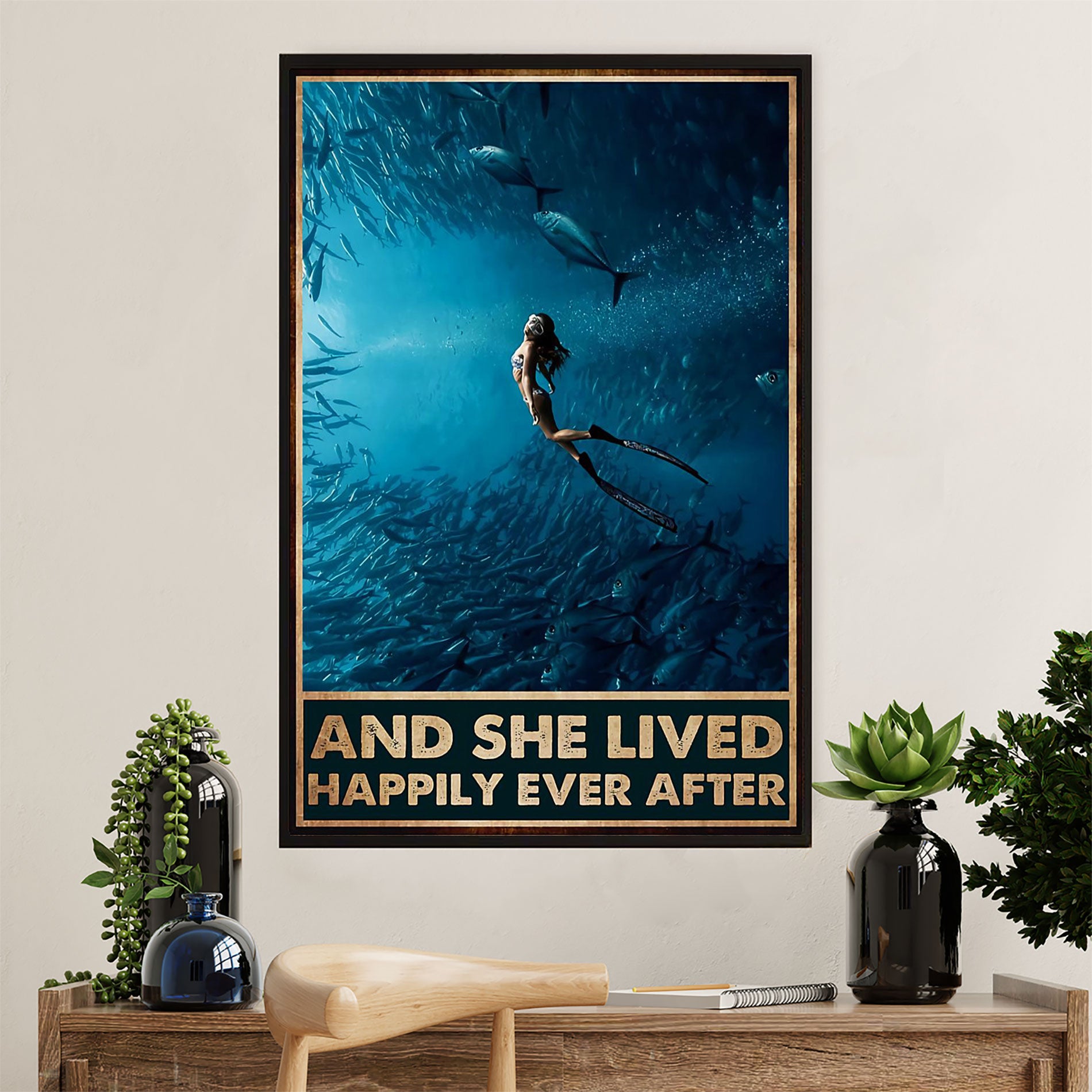 Scuba Diving Poster Prints | She Lived Happily | Wall Art Gift for Scuba Diver