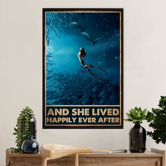 Scuba Diving Poster Prints | She Lived Happily | Wall Art Gift for Scuba Diver