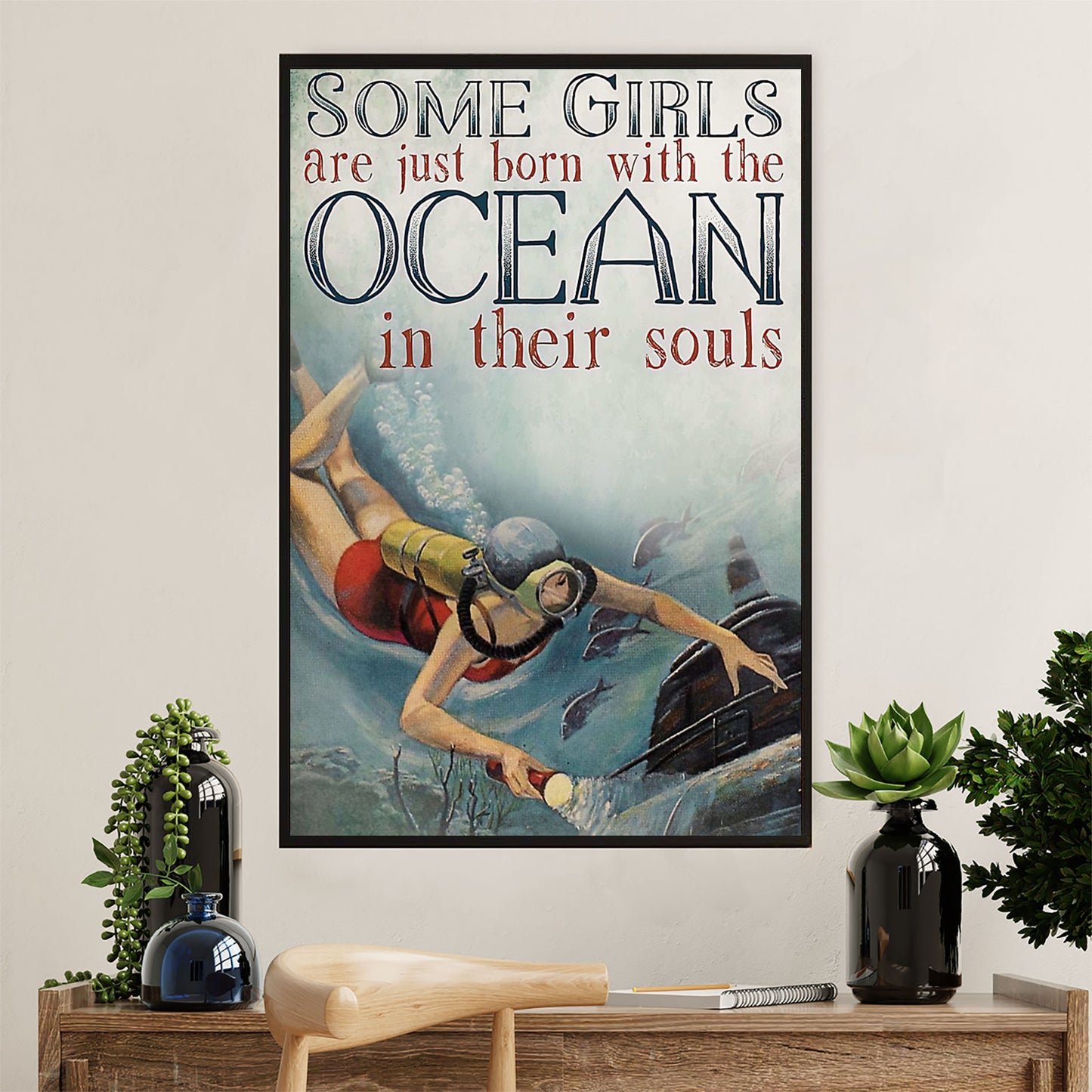 Scuba Diving Canvas Wall Art Prints | Girls Born With The Ocean | Home Décor Gift for Scuba Diver