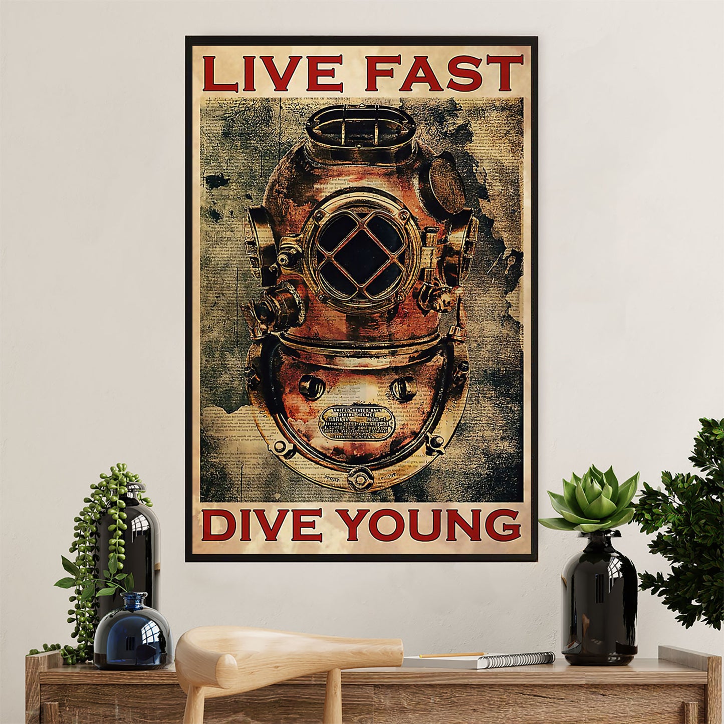 Scuba Diving Poster Prints | Live Fast Dive Young | Wall Art Gift for Scuba Diver