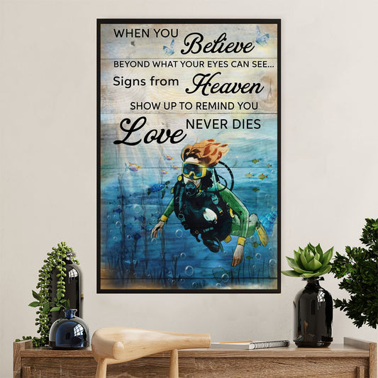 Scuba Diving Poster Prints | Love Never Dies | Wall Art Gift for Scuba Diver