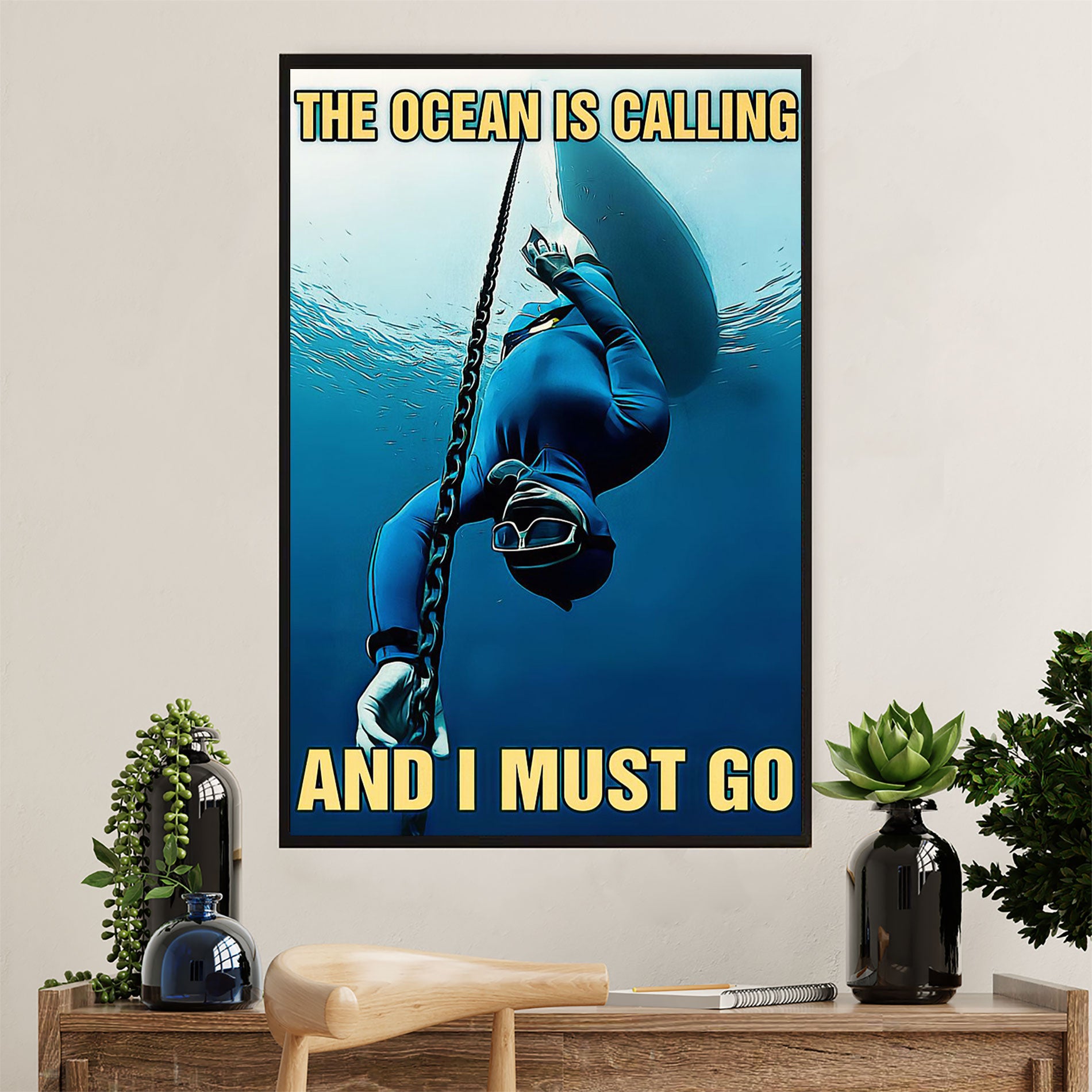 Scuba Diving Poster Prints | Ocean Is Calling | Wall Art Gift for Scuba Diver