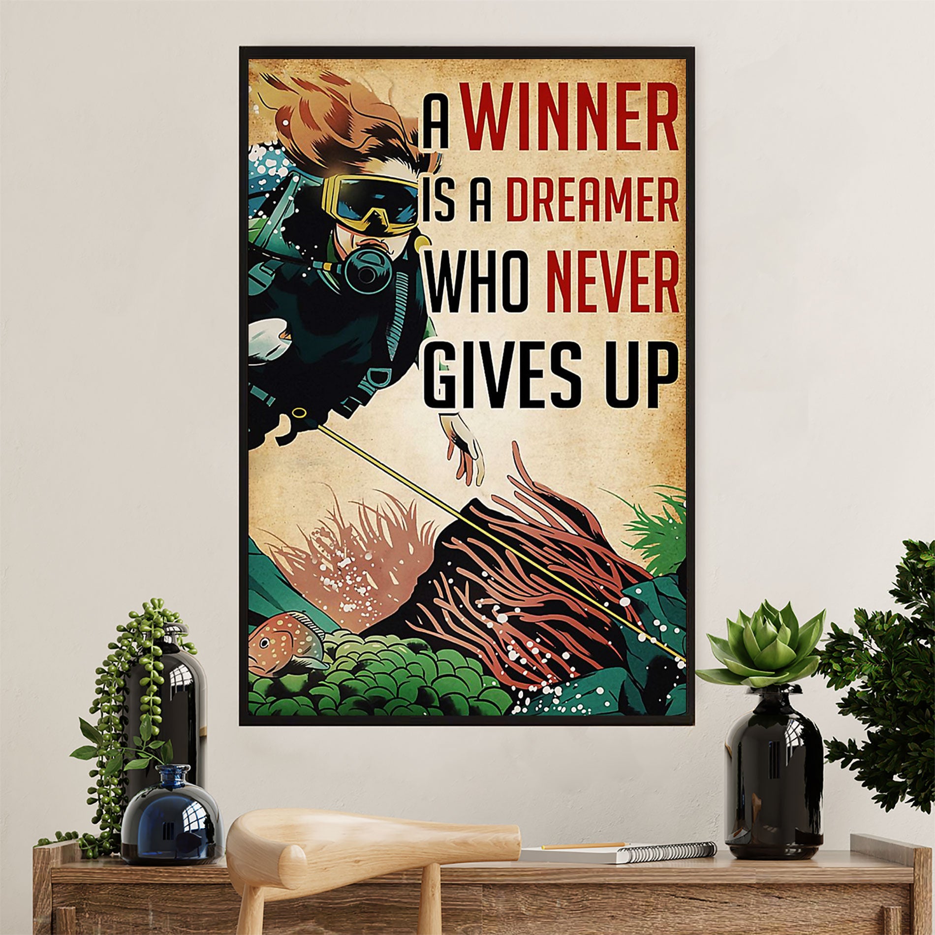 Scuba Diving Canvas Wall Art Prints | Winner Never Gives Up | Home Décor Gift for Scuba Diver