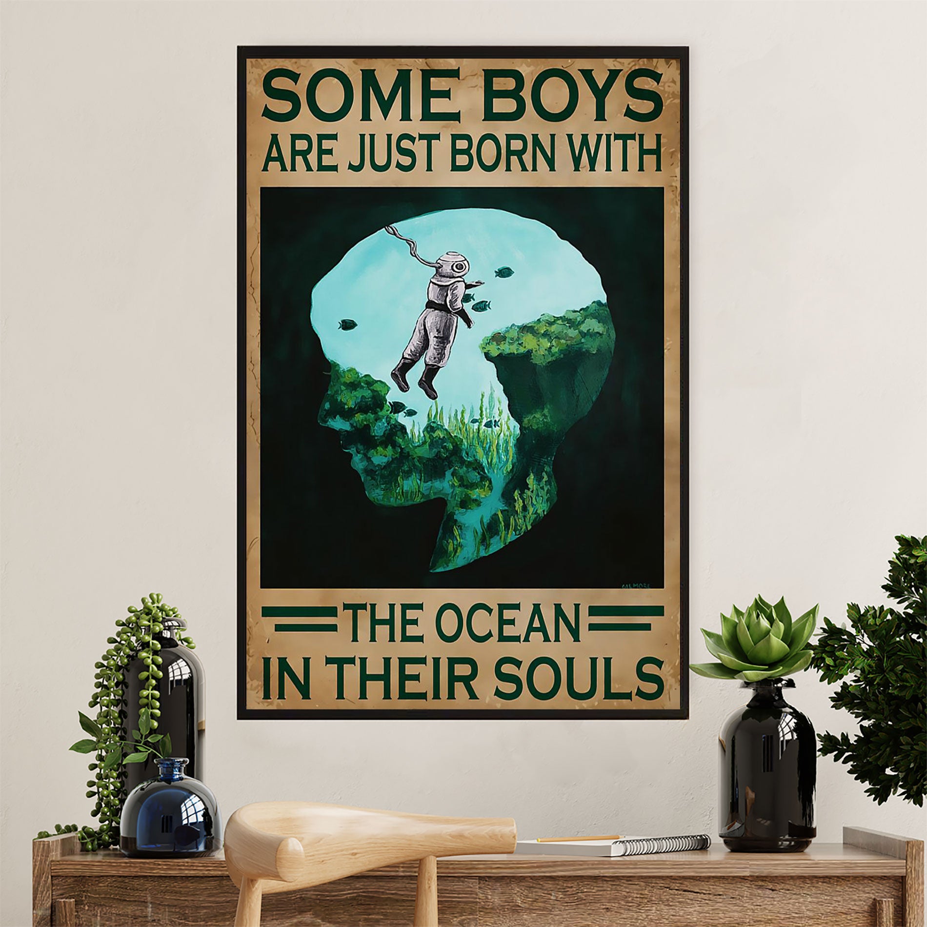 Scuba Diving Canvas Wall Art Prints | Boys Born With The Ocean | Home Décor Gift for Scuba Diver