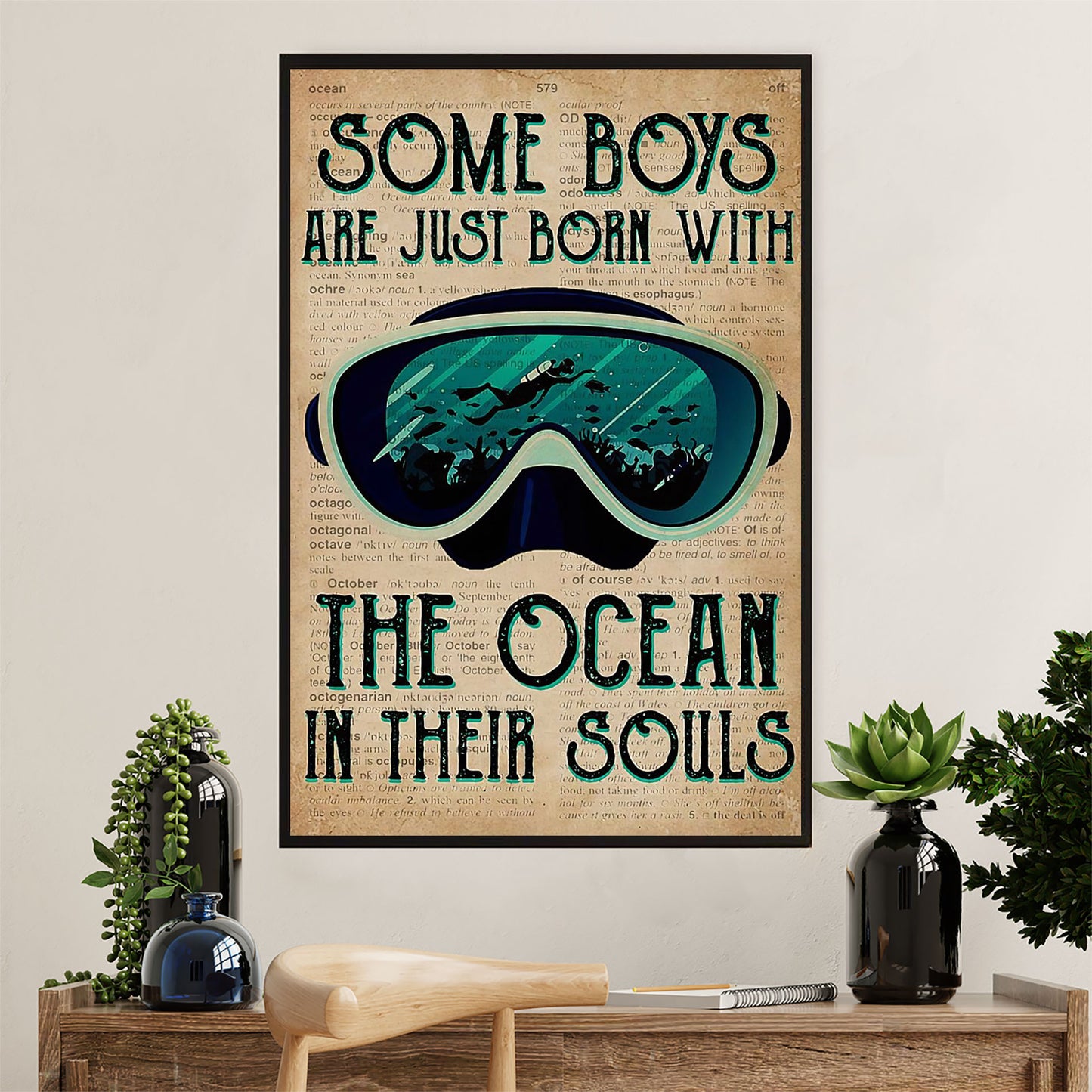 Scuba Diving Poster Prints | Boys Born With The Ocean | Wall Art Gift for Scuba Diver