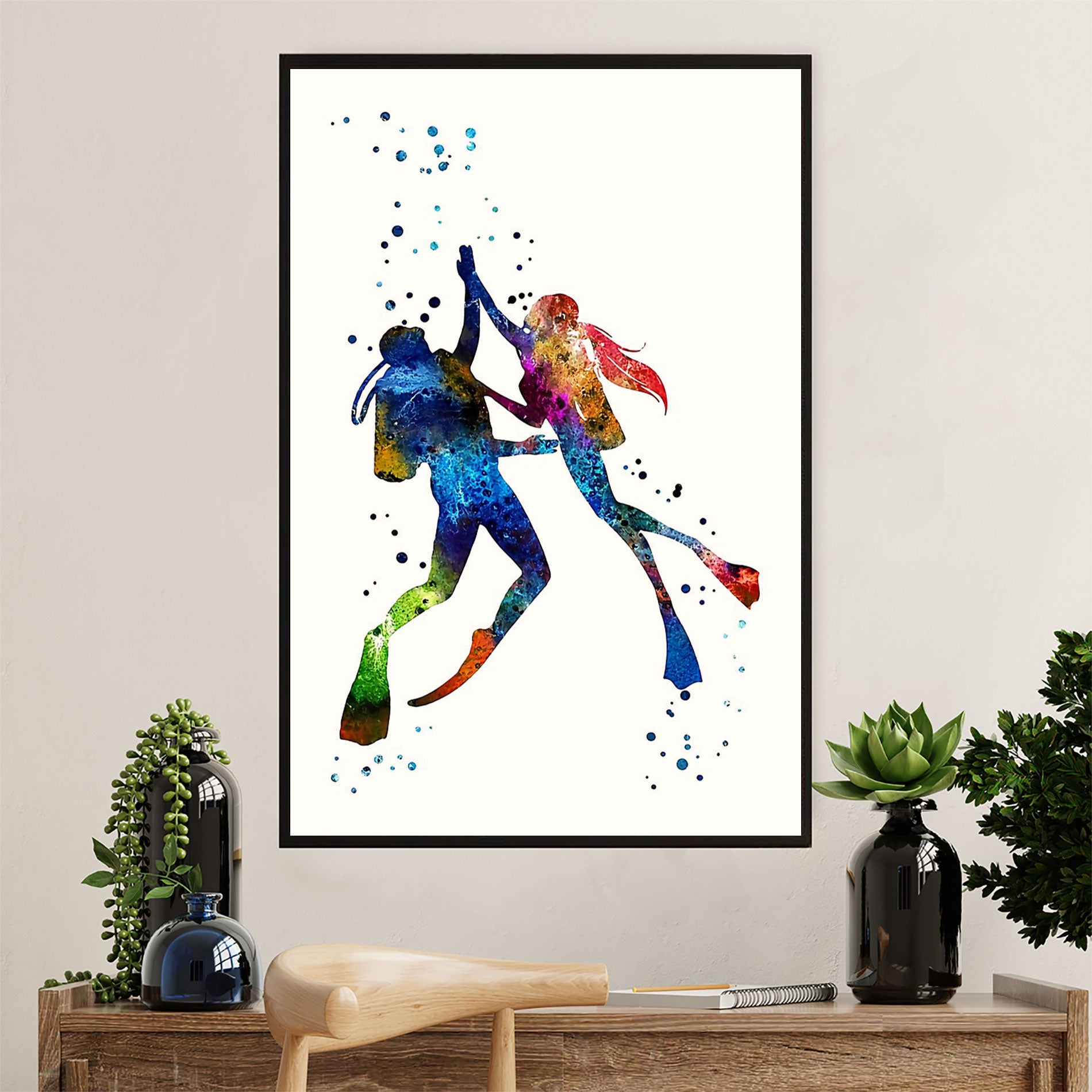 Scuba Diving Poster Prints | Watercolor Couple Painting | Wall Art Gift for Scuba Diver