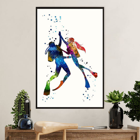 Scuba Diving Canvas Wall Art Prints | Watercolor Couple Painting | Home Décor Gift for Scuba Diver