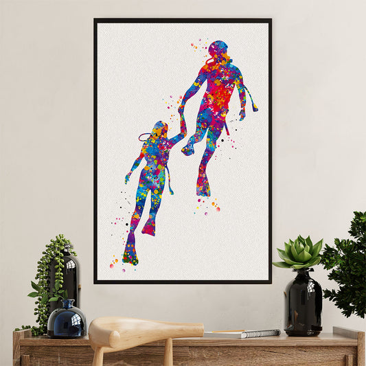 Scuba Diving Canvas Wall Art Prints | Watercolor Couple Painting | Home Décor Gift for Scuba Diver