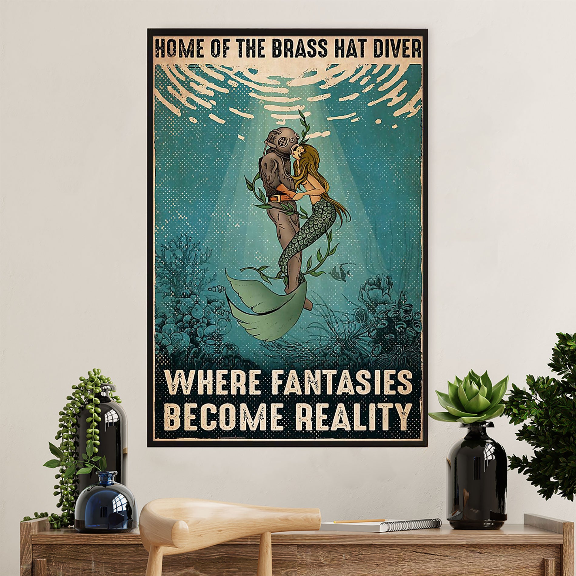 Scuba Diving Poster Prints | Diver & Mermaid | Wall Art Gift for Scuba Diver