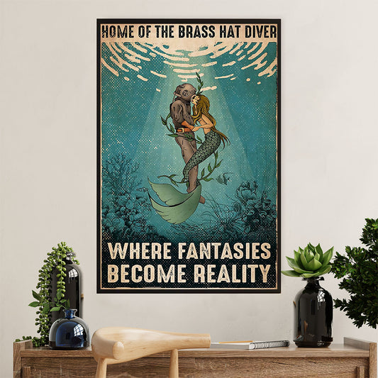 Scuba Diving Poster Prints | Diver & Mermaid | Wall Art Gift for Scuba Diver