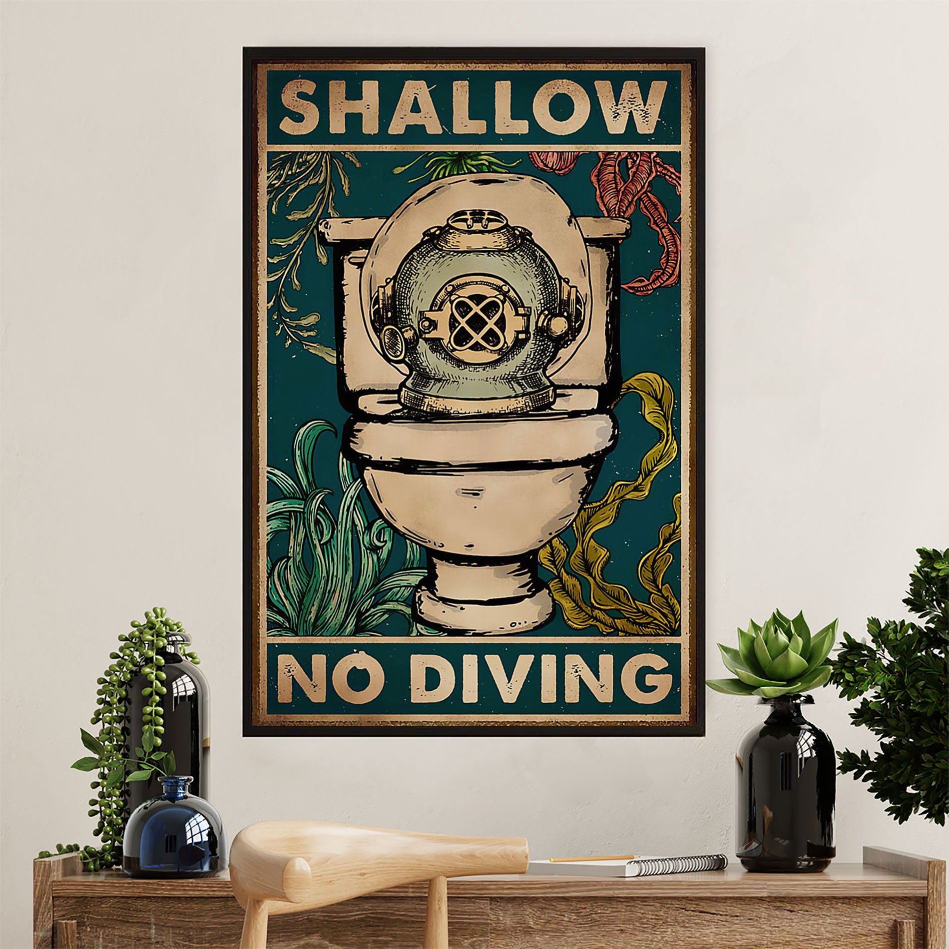 Scuba Diving Poster Prints | Shallow No Diving | Wall Art Gift for Scuba Diver