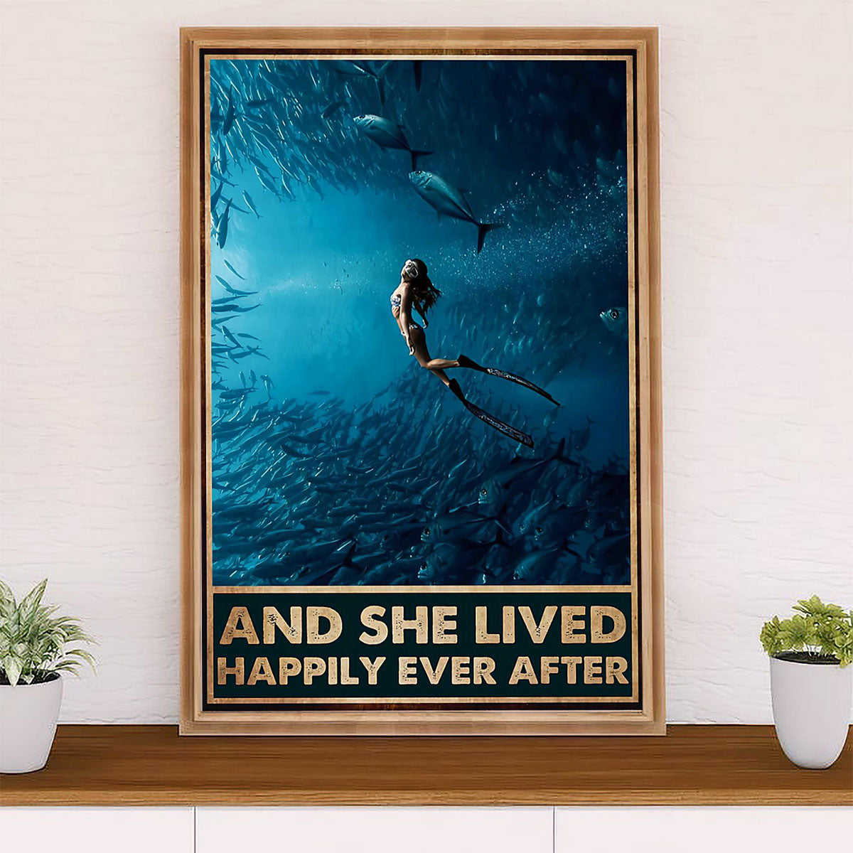 Scuba Diving Poster Prints | She Lived Happily | Wall Art Gift for Scuba Diver