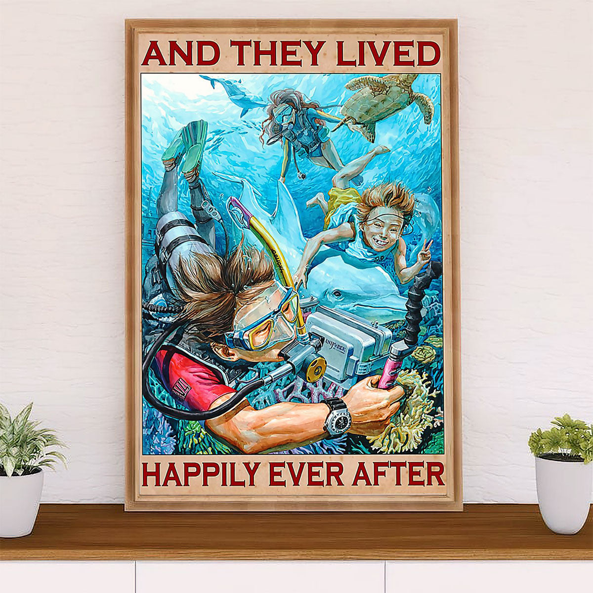 Scuba Diving Canvas Wall Art Prints | Family They Lived Happily | Home Décor Gift for Scuba Diver