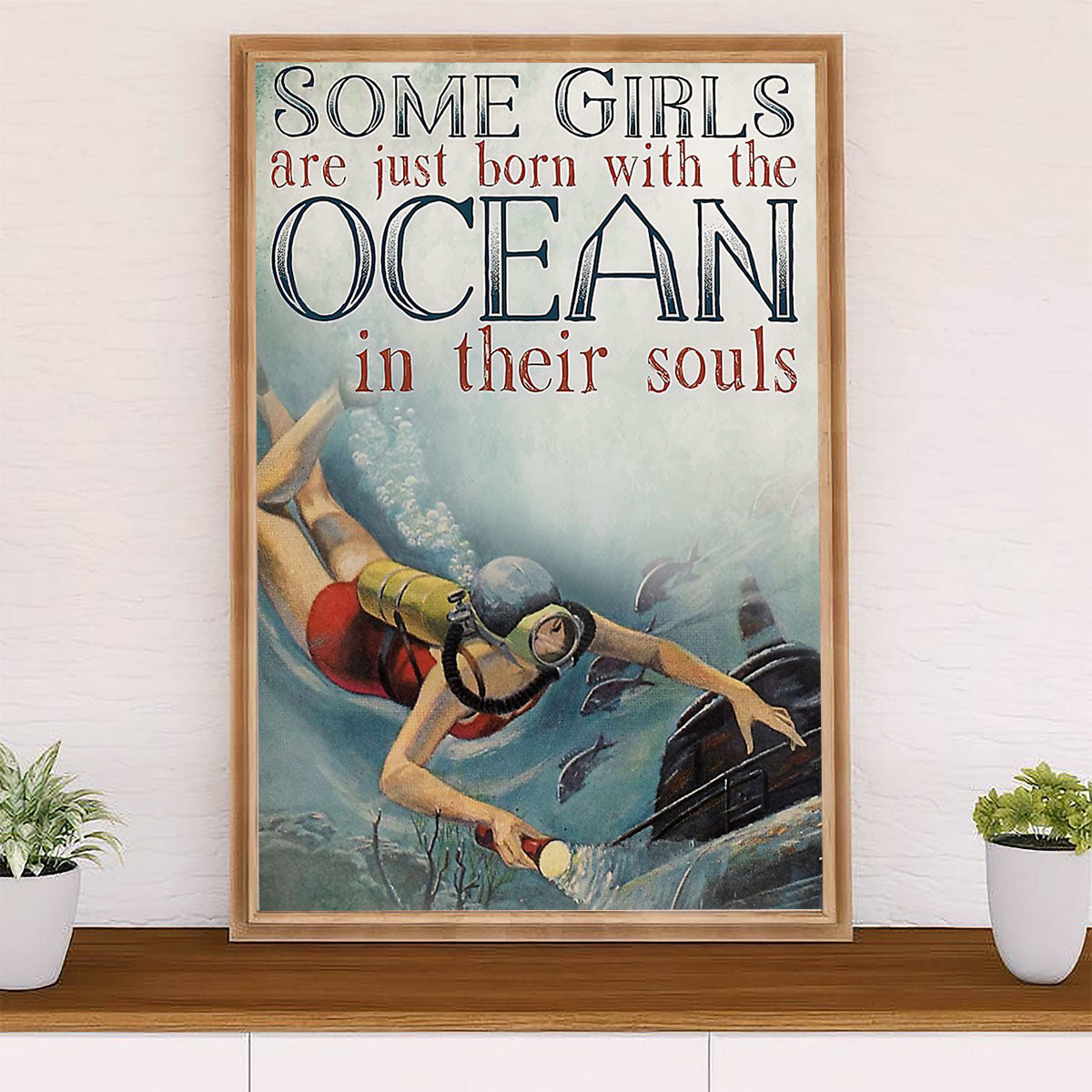Scuba Diving Canvas Wall Art Prints | Girls Born With The Ocean | Home Décor Gift for Scuba Diver
