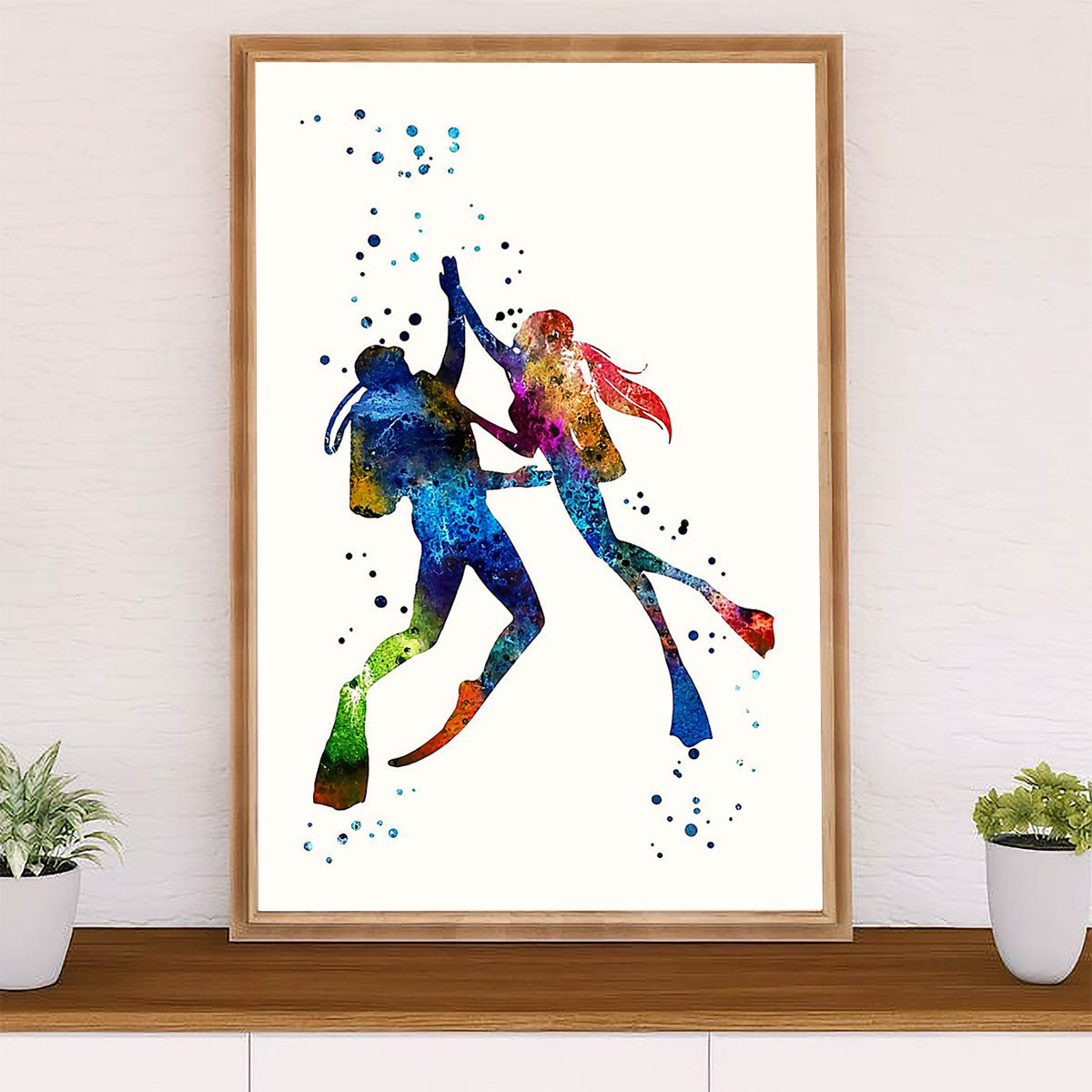 Scuba Diving Poster Prints | Watercolor Couple Painting | Wall Art Gift for Scuba Diver