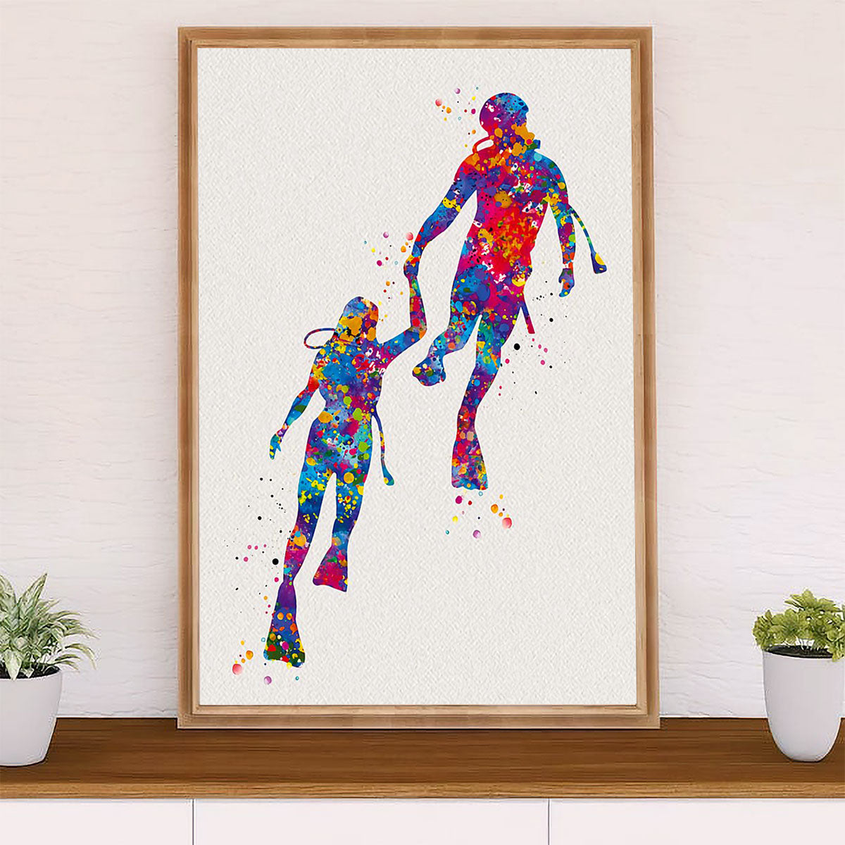 Scuba Diving Poster Prints | Watercolor Couple Painting | Wall Art Gift for Scuba Diver