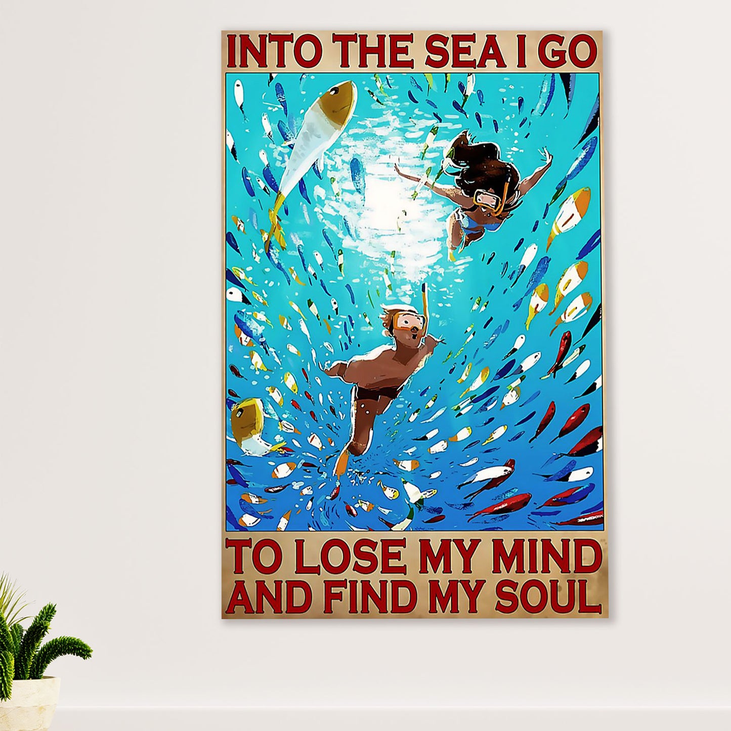 Scuba Diving Poster Prints | Couple Into The Sea | Wall Art Gift for Scuba Diver